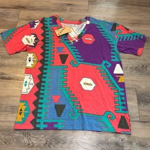 Vintage 90’s NEW with tags Chico’s Aztec print v neck 100% cotton tshirt OS